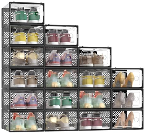 SONGMICS Schuhboxen, 18er Set, Aufbewahrungsbox für Schuhe, robust, faltbar und stapelbar, für Schuhe bis Größe 43, Sportschuhe, High Heels, flache Schuhe, transparent-schwarz LSP106B18V2