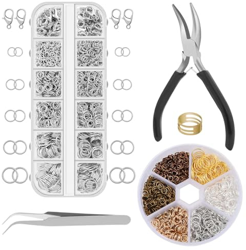 2170 Stück Biegeringe zur Schmuckherstellung, Jump Rings DIY Set, Spaltringe mit Biegeringzange, Chainmail Rings für Ohrringe Armbänder Kettenreparatur Bastelbedarf