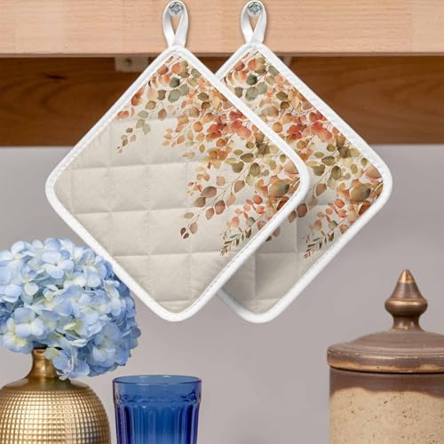 Pot Holders Set of 2, Thanksgiving Fall Botanical Leaves Potholder for Kitchen Heat-Proof Hot Pads, Watercolor Hanging Leaf on Flax Hot Mats Potholders for Cooking Baking BBQ