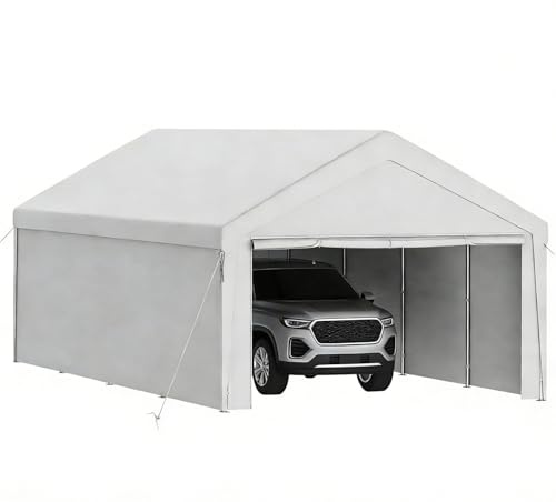 Ferzone Carport Zeltgarage 4x8m, Lagerzelt Winterfest Wasserdicht UV-beständig mit Metallrahmen& PE-Plane, Gerätehaus Fahrradgarage Gartenhaus mit Rolltore für Auto Motorrad LKW SUV Boot Fracht, Weiß