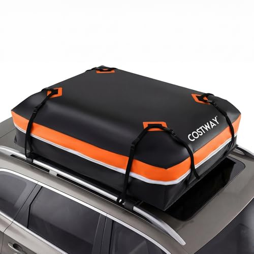 COSTWAY 15/21 Cubic Feet Car Roof Bag, 100% Waterproof Roofing Cargo Carrier with Anti-Slip Mat, Combination Lock & Straps, Rooftop Luggage Storage Box (Black+Orange, 21 Cubic Ft/595L)