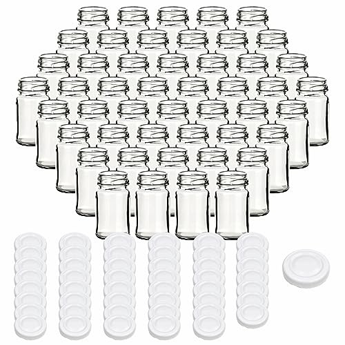gouveo Lot de 48 pots de conservation 65 ml Mini avec couvercle à vis blanc - Petits pots à vis avec couvercles twist-off - Pots ronds pour confitures, épices