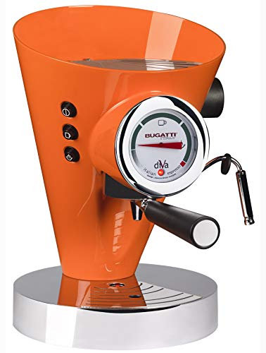 BUGATTI, Diva, macchina per caffè espresso e cappuccino, per caffè macinato e cialde, funzione vapore non-stop, 15 bar, 950 W, capacità 0,8 litri, design elegante (arancione)