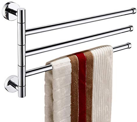 ThinkTop Luxury Towel Rail 3-Arms Swivel Towel Bar Solid Brass Chrome Finished Bathroom Swing Hanger Towel Rack Holder Space Saving Wall Mount Bath Accessories