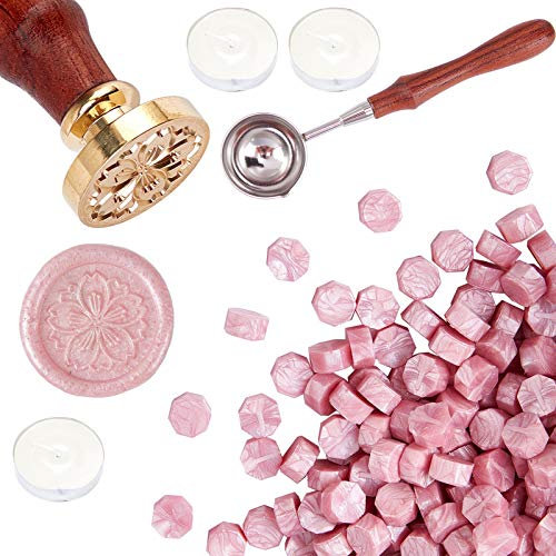 craspire Wax Seal Kit, Vintage Wax Seal Stamp Set Mit 200 Stück Seal Wax Beads, Schmelzlöffel, 3 Stück Weiße Kerzen Für Briefmarken Briefumschlag Postkarte Label Party Einladung (Kirschblüten)