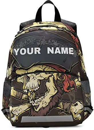 Mnsruu Rucksack mit individuellem Namen, personalisierbar, für Jungen und Mädchen, Piraten-Totenkopf und Knochen, Rucksack, Kindergarten, Vorschule, Kindergarten, Reisetasche, mehrfarbig, M