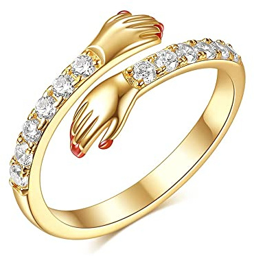 QKEPCY 925 Sterling Silber Umarmungsring Verstellbarer Paar Umarmungsring Kristall Ring Romantischer Love Hugging Hands Ring Silber Geben Sie Mir Eine Umarmung Hand Offene Ring