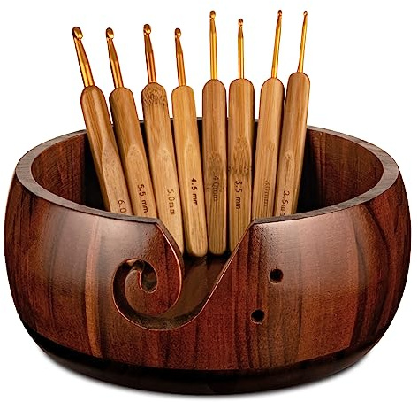 Garnschüsselhalter aus Holz, Strickschüssel mit 8 Metall-Häkelnadeln, 20 cm, großer Garnhalter, Spender, Garnaufbewahrungsschalen, für Stricker und Häkeln (Braun, 20 cm)