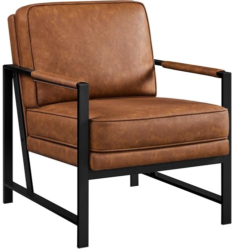 Yaheetech Faux Leather Tub Chair, Retro and Modern Armchair with Extra Soft Padded and Cushion for Living Room Bedroom Home Office, Light Brown
