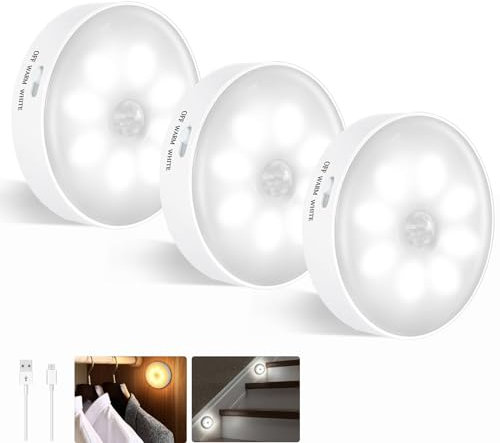Caldarax Motion Sensor Lights Indoor, Warm/Cool White Smart Stair Lights USB Rechargeable Battery LED Magnetic Night Light for Stairs, Bedroom, Closet, Kitchen, Hallway, Cabinet, 3 Pack