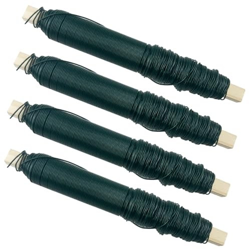 Diompirux 4er Set Grün Blumendraht verzinkt, biegsam, stabil und vielseitig Bindedraht, 0,65mm Wickeldraht lose auf Holzwickel, zur Befestigung von Blumen und Pflanzen, Bindedraht, Basteldraht