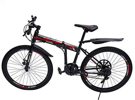 BAOCHADA 26 Zoll Mountainbike 21 Gang Schaltung Faltrad Fahrräder Erwachsene Klappfahrrad mit Scheibenbremse Federgabel MTB für Herr Damen Jungen Schwarz + Rot