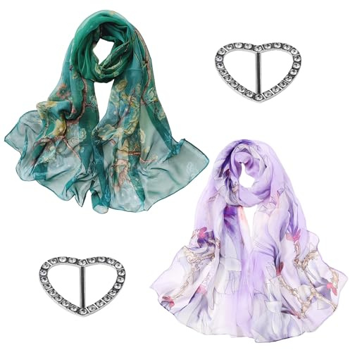 NyxSeat 2 Foulards En Mousseline De Soie Pour Femmes Avec 2 Boucles D'écharpe En Soie, écharpe Chaude D'hiver, écharpe Légère En Soie Imitation Florale, Adaptée à Un Usage Quotidien, Aux Voyages