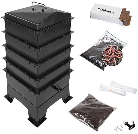 Billiebin Set starter | Compostiera per vermi a 4 piani con vermi di compostaggio + substrato di avviamento + mattoni di cocco + accessori | Fattoria di vermi – scatola per vermi (nero)