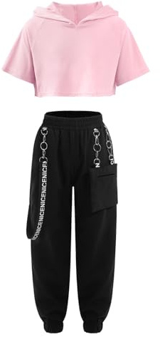Freebily Tuta Sportiva Bambina Completi Sportivi Due Pezzi Hoodie Felpa con Cappuccio Manica Corta + Pantaloni Sportivi Joggers Completo Danza Moderna Jazz Hip Hop Tracksuit Rosa 11-12 anni