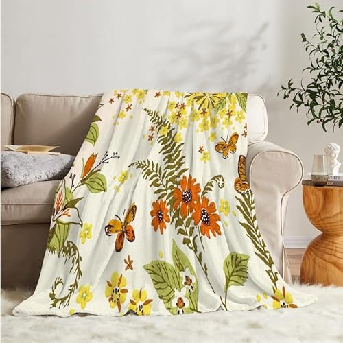 Flanell Fleecedecke Kuscheldecke Orangene Blume 150x200 Große, Schmetterling Sofa Decke Weiche mit Motiv, Microfaser Wohndecke Plaid Decke Wohnzimmer Couch