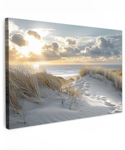 MuchoWow© Bild auf Leinwand Schlafzimmer Bilder Badezimmer Wand Deko | 90x60 cm - Wohnzimmer Modern Wanddeko Bilderwand Geschenk Sonnenuntergang - Dünen - Pflanzen - Natur - Strand