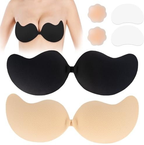 DINGBLUE Stick on Bra, 2 Pack Sticky Bra Reusable Backless Bra with 2 Nipple Covers and 2 Transparent Side Breast Patch, Adhesive Bra for All Backless Clothes, Deep V, Off Shoulde