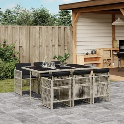 Faroom Polyrattan Sitzgruppe for 6 Personen - Gartenmöbel Set 6 Stühle mit Tisch mit Glasplatte & Kissen - Garten Sitzgruppe - Polyrattan Gartenmöbel Set für Garten & Terrasse Hellgrau AS 32