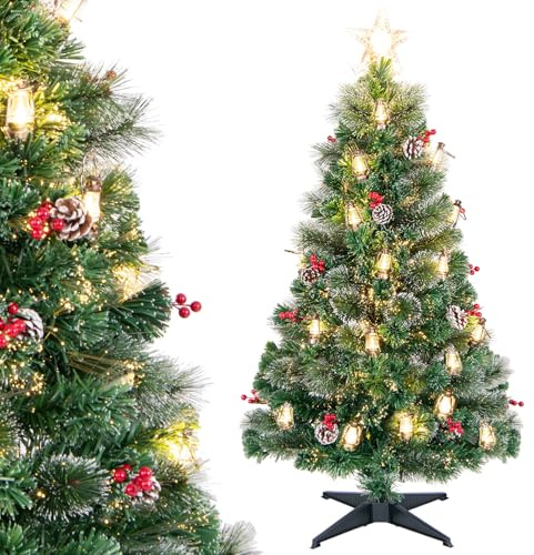 COSTWAY Weihnachtsbaum Künstlich mit Beleuchtung, Tannenbaum mit warmweißen LEDs & Glasfaser & Sternspitze, 8 Modi, Christbaum mit Tannenzapfen & Petroleumlampen & roten Beeren, Grün+Weiß (150 cm)