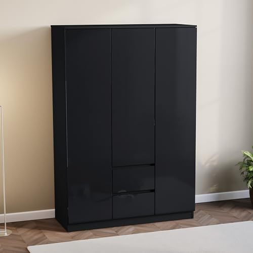 Vida Designs Glinton High Gloss 3 Door 2 Drawer Wardrobe Bedroom Storage Organiser with Hanging Rail Modern Furniture 100% FSC Certified (Black, 3 Door 2 Drawer)