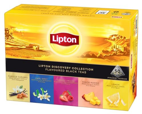 Lipton, Tè Nero Classico, 5 Varianti di tè neri aromatizzati, Con Ingredienti 100% Naturali, Gusto Intenso ed equilibrato, Ottimo per i Momenti di Piacere 50 Filtri, Idea Regalo