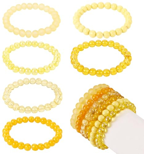 Boutigem 6Pcs Yellow Beaded Stretch Bracelets Handmade Glass Crystal Beads Bracelet 8mm Beads Stackable Bracelet Boho Bracelets For Women Men