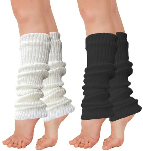 AWAVM Lot de 2 paires de jambières, Jambières d’hiver tricotées côtelées de 40 cm pour femmes et filles, pour yoga, ballet, danse, patinage sur glace, Noir et blanc