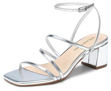 DREAM PAIRS Womens Block Heels 2 inch Strappy Square Toe Dressy Chunky Low Heeled Sandals for Party Wedding Evening,Size 5,Silver-Metallic,DWUMHS2512