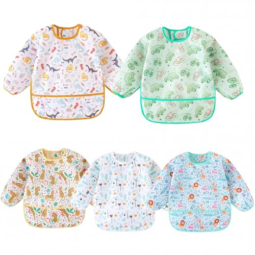 Yunguui Bavoirs Manches Longues,Lot de 5, Imperméable Bebe Enfant Bavoir Tablier 5 à 30 Mois