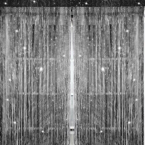 Sinmoe 2 Pieces Glitter String Door Curtain to Stop Flies Panels Cotton String Panels Fly Screen Curtain Room Dividers for Doorway,Windows,Home Decor,Event Decoration(Black)