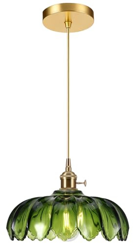 Vintage Pendant Light Shade, Green Glass Pendant Light Shade,E27 Hanging Ceiling Lights, Crystals Pendant Lights for Kitchen Island Bedroom Hallway Study Room Coffee Bar(Bulb not included) (Green)