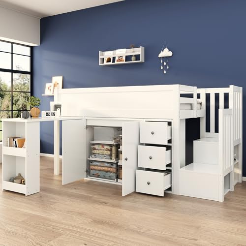 Gegtuon Etagenbett Bett 90x200 mit Tisch und Schrank, Hausbett mit Treppe