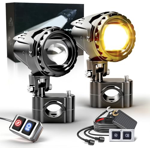 BraveWAY 70W 35000LM Feux Antibrouillard Moto, Feux Additionnels Moto 7 Modes Stroboscopiques de Conduite Avec Auxiliaire Blanc Ambre Kit de Faisceau de Câbles Plug and Play et 2 Supports de Montage