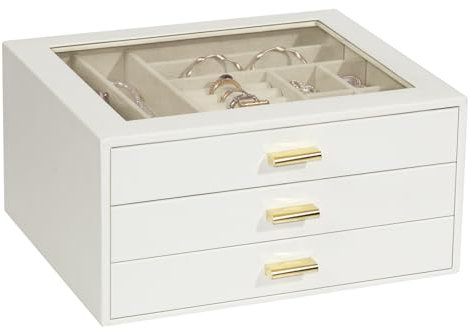 KILHS Schmuckkästchen, Schmuckaufbewahrung mit Glasdeckel,Schmuckkasten mit 3 Ebenen,für Ohrringe,Armbänder,Halsketten,3 Schubladen,schmuckschatulle,wolkenweiß