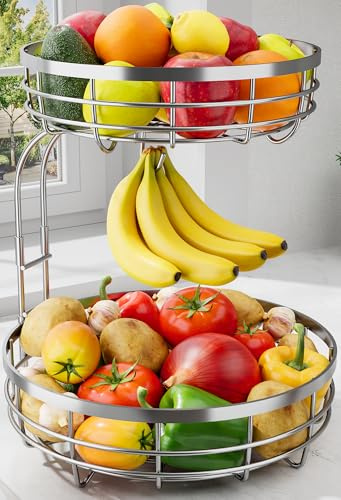 Sakugi Fruit Basket for Kitchen Counter - 2-Tier Large Capacity Fruit Bowl with Detachable Banana Hanger, Rust-Proof Metal Fruit Holder for Vegetables, Bread, Toiletry,10 D x 10 W x 14 H, Silver.