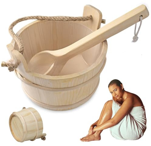Sauna Bucket and Ladle Set 4L Wood Sauna Kit with Thick Handle Plastic-Liner Preservative Reinforced Barrel for Bathroom