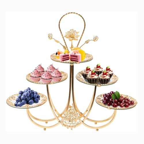 VLRBFDOI d'oro,Supporto per Cupcake in Cristallo, Porta Desserti in Cristallo a 3 Piani, Torre per 5 Piatte di Frutta e Caramelle per Decorazione di Compleanno, Matrimonio, Festa del tè