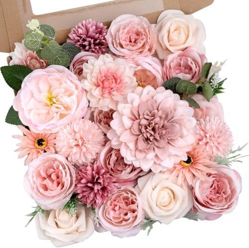 Zaphyron Künstliche Rosa Blumen Combo Box Set kunstblumen Blumenköpfe gefälschte Dahlienrosen Combo Schaum Seidenblumen für DIY Hochzeitstorte Sträuße Mittelstücke Arrangements Party Home Dekorationen