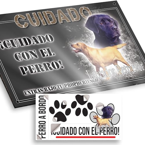 Labrador negro Cartel Cuidado con el Perro 20x12,5cm - Diseño Antracita en Dibond con Pegatina Coche 20x5cm - En Español
