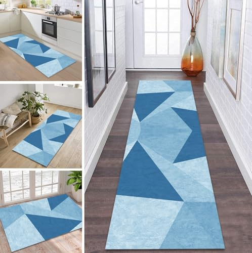 ZDYHMrj Teppich Läufer Flur Küche rutschfest waschbar Flurläufer Lang 40X120CM Kücheläufer Blau Teppichmatte Meterware Bettvorleger für Flur Esszimmer Schlafzimmer Wohnzimmer Schmutzfangteppich