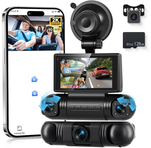 VECHTEL Dashcam Voiture 2K avec Wi-FI,4 caméras embarquées 1080P avec écran IPS 3 Pouces, Vision Nocturne, accéléromètre, Protection à 360 degrés, avec Une Carte de 128 Go,G-Capteur