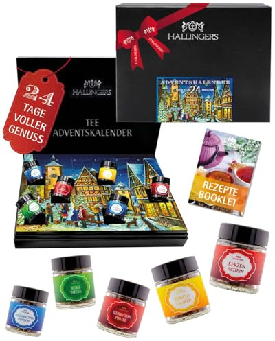 Hallingers Genuss Manufaktur Tee Adventskalender-Set - 24 Sorten premium loser Tee Probierset in edler Box mit Rezept-Booklet Altstadt special, Weihnachtskalender für Frauen Männer