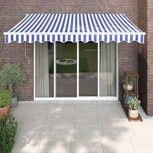 Tenda da sole elettrica 3,5 x 2,5 m con manovella, blu e bianco, resistente alle intemperie e ai raggi UV, per giardino, balcone e terrazza