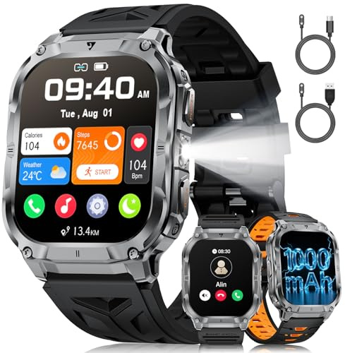 Militaire Montre Connectée Homme, Appel Bluetooth, 2.0 HD Grand Écran Smartwatch avec Torche LED/Batterie 1000mAh/Fitness Tracker/100+ Modes Sportifs, 2 Câbles Chargement, Android iOS, Noir-silicone