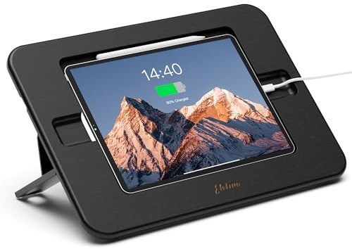 ELETIUO Bamboo Tablet Drawing Stand,Multi-Angle Adjustable Holder with Pencil Wireless Charger& Cable Slot,Foldable&Portable Reading Stand,Compatible with 9.7/10.2/10.5/10.9/11 inches,Black