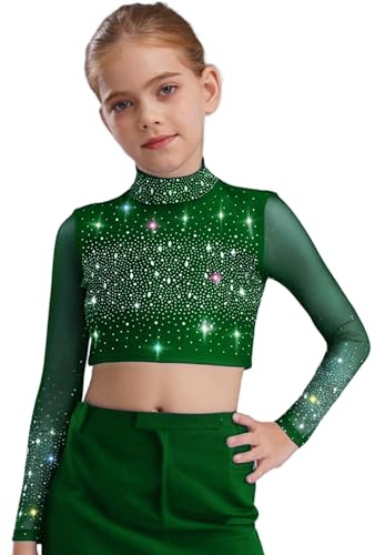 Freebily Crop Top Danza Classica Bambina Top Corto da Ballo Latino con Strass Scintillante Camicie da Pattinaggio Artistico Maglietta da Allenamento Dancewear Verde 11-12 Anni