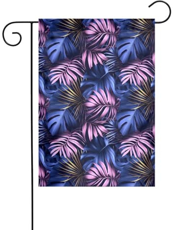 Monstera - Bandera de jardín con hojas de palmera, color azul y rosa, 30 x 45 cm, vertical, doble cara, decoración exterior de casa de campo, bandera de patio