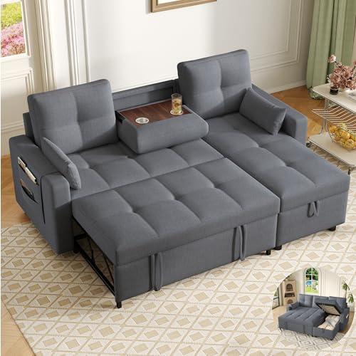 Yihomfy Canapé Convertible 3 Places, Canapé d'angle Convertible, Canapé Lit 3 Places avec Porte-gobelet, Chaise Réversible, Multifonctionnel Canape avec Rangement,Poche Latérale, Canapé en L,Gris