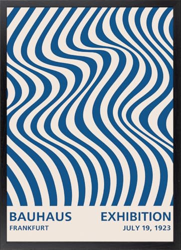 Fine Artic Cuadro Bauhaus Frankfurt Azul - Poster de Ondas Abstractas con Marco de madera - Arte mural Moderno Minimalista decoración para Estudio – Cuadros Escandinavos